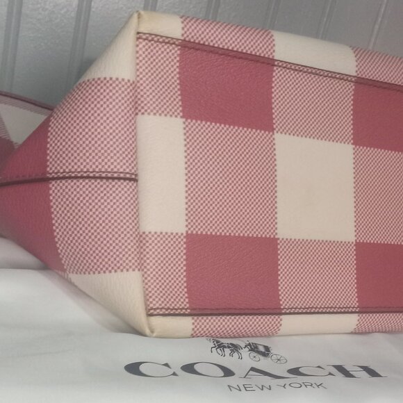 Coach City Red Buffalo Plaid Print PVC & Leather Zip Top Tote - Picture 12 of 15